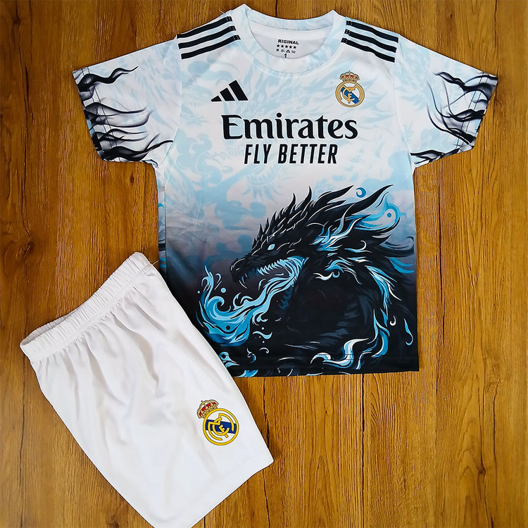 کیت فوتبالی دراگون سفید آبی رئال مادرید بدون اسم و شماره