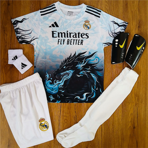 کیت 6 تیکه فوتبالی دراگون سفید آبی رئال مادرید بدون اسم و شماره طرح 2026